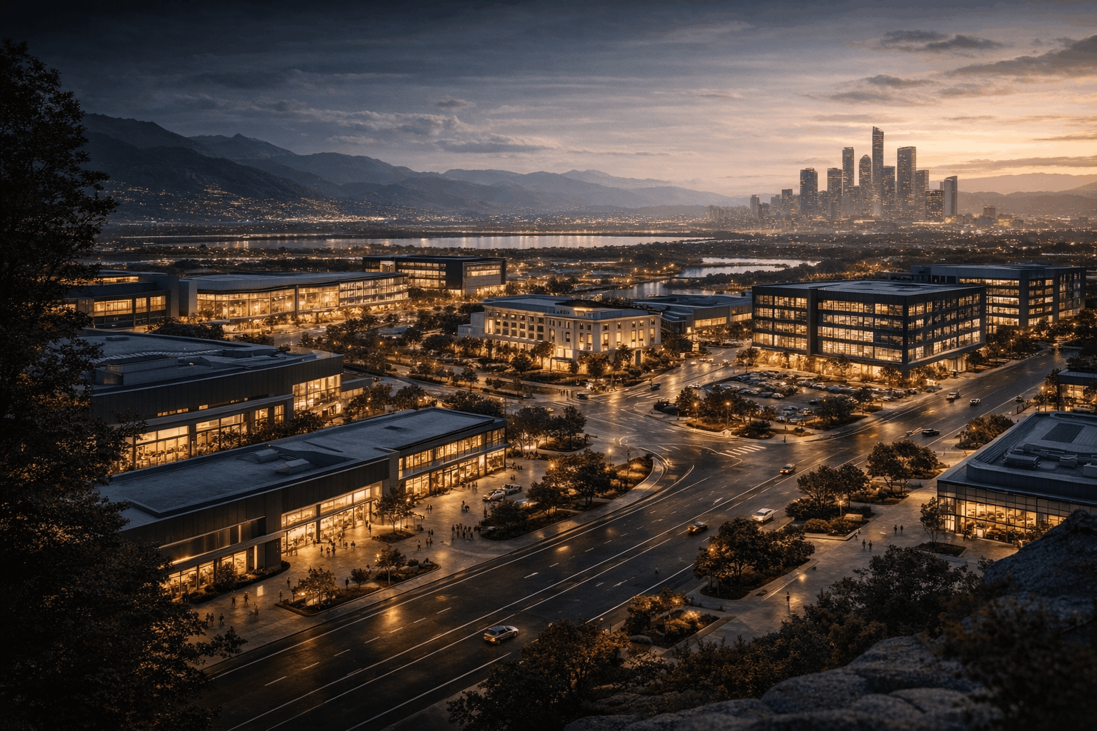 Premium multi-location commercial district representing RetailBox Control Plane governance across retail, hospitality, and enterprise environments